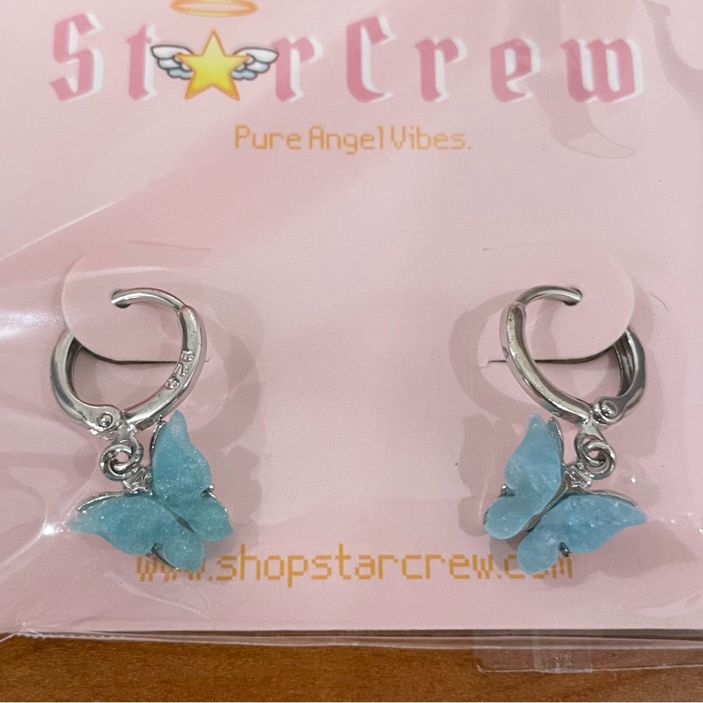 NIB STAR CREW Angel Energy Silver Hoops with Dangling Blue Butterflies Earrings